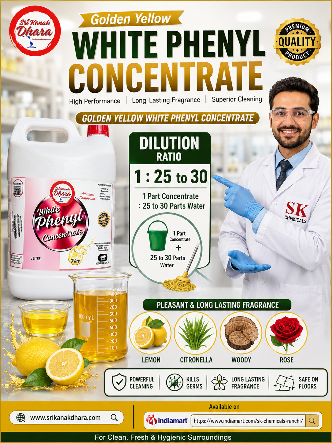 Golden Yellow White Phenyl Concentrate 5 litre with 1:25 to 30 dilution ratio and lemon, citronella, woody and rose fragrances